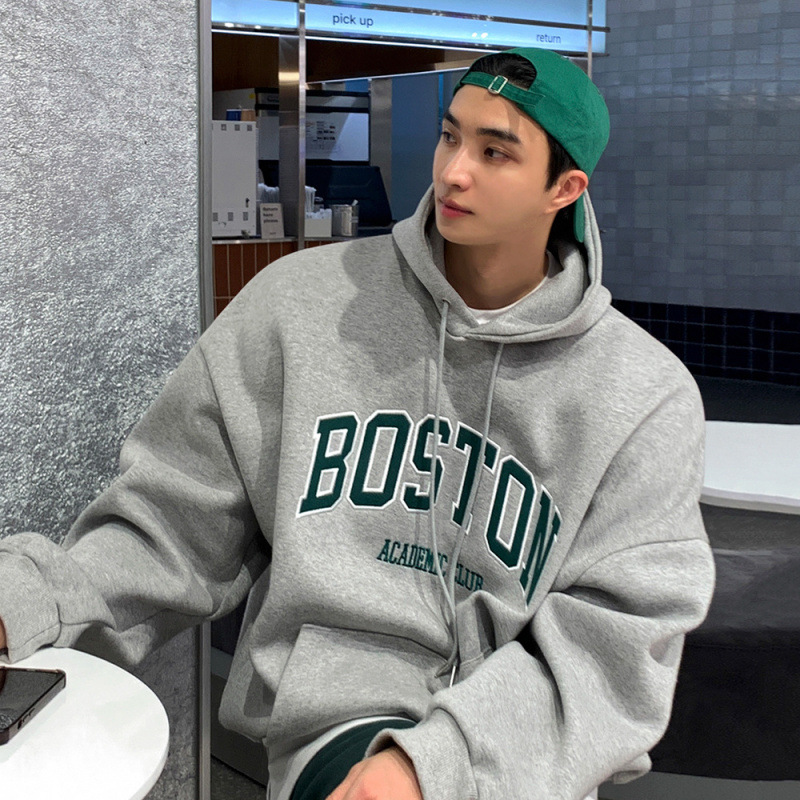 BJ Letter Embroidered Hooded Sweatshirt Men's Spring Loose Casual Top Korean-style Trendy Pullover Jacket