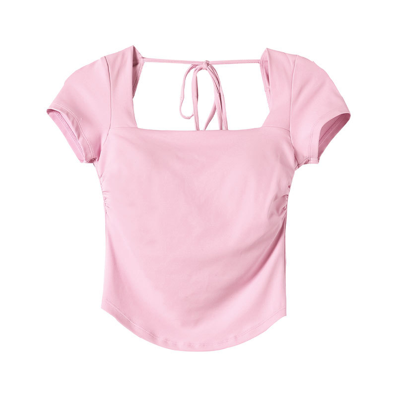 Elegant Yoga Wear Short-Sleeved Tops for Women with Chest Pads Sports T-Shirts Summer Elastic Tight Pilates Fitness Clothes