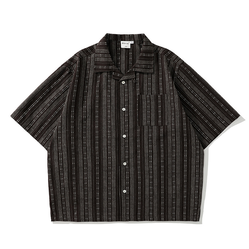 City Fanpin 2023 Summer Color-block Striped Lapel Shirt Half-sleeve Japanese Vintage Pocket Decorative Casual Short-sleeve