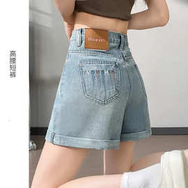 浅色刺绣牛仔短裤女夏季薄款2025新款高腰a字卷边小个子阔腿热裤