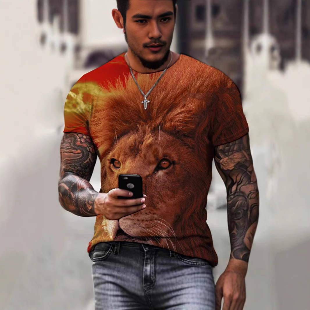 temu cross-border 3D digital printing men's short-sleeve animal lion crew neck T-shirt fashionable streetwear top factory direct supply