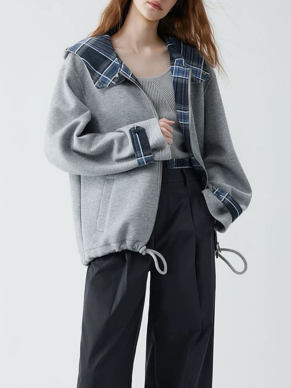 ELLE格纹拼接连帽卫衣外套女2025秋季新款设计感休闲通勤短上衣|undefined