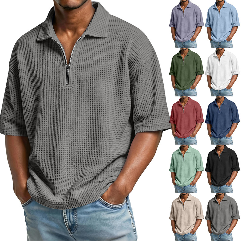 Cross-Border European and American Men's Waffle Summer Solid Color Short-Sleeved Lapel Polo Shirt Sports Casual Simple Men's T-Shirt Cross-Border European and American Men's Waffle Summer Solid Color Short-Sleeved Lapel Polo Shirt Sports Casual Simple Men's T-Shirt