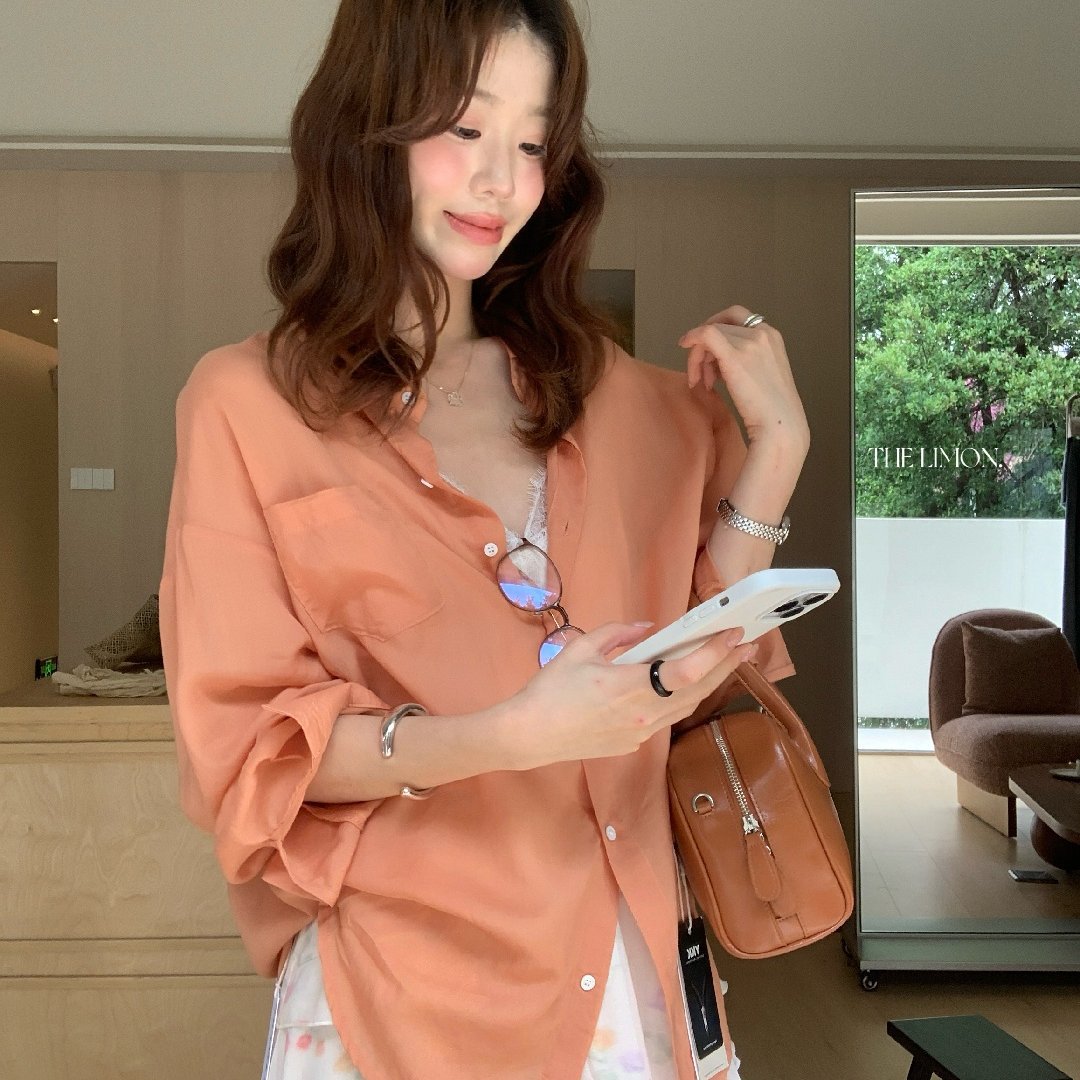 Áo sơ mi nữ tay dài chất liệu tencel phong cách lười biếng ấm áp — Vàng nhạt, xanh lam, Xanh lá cây nhạtcolor, màu hồng