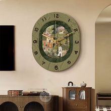 Qt法式复古客厅挂钟中古风餐厅装饰画餐桌边创意钟表挂墙绿色时钟