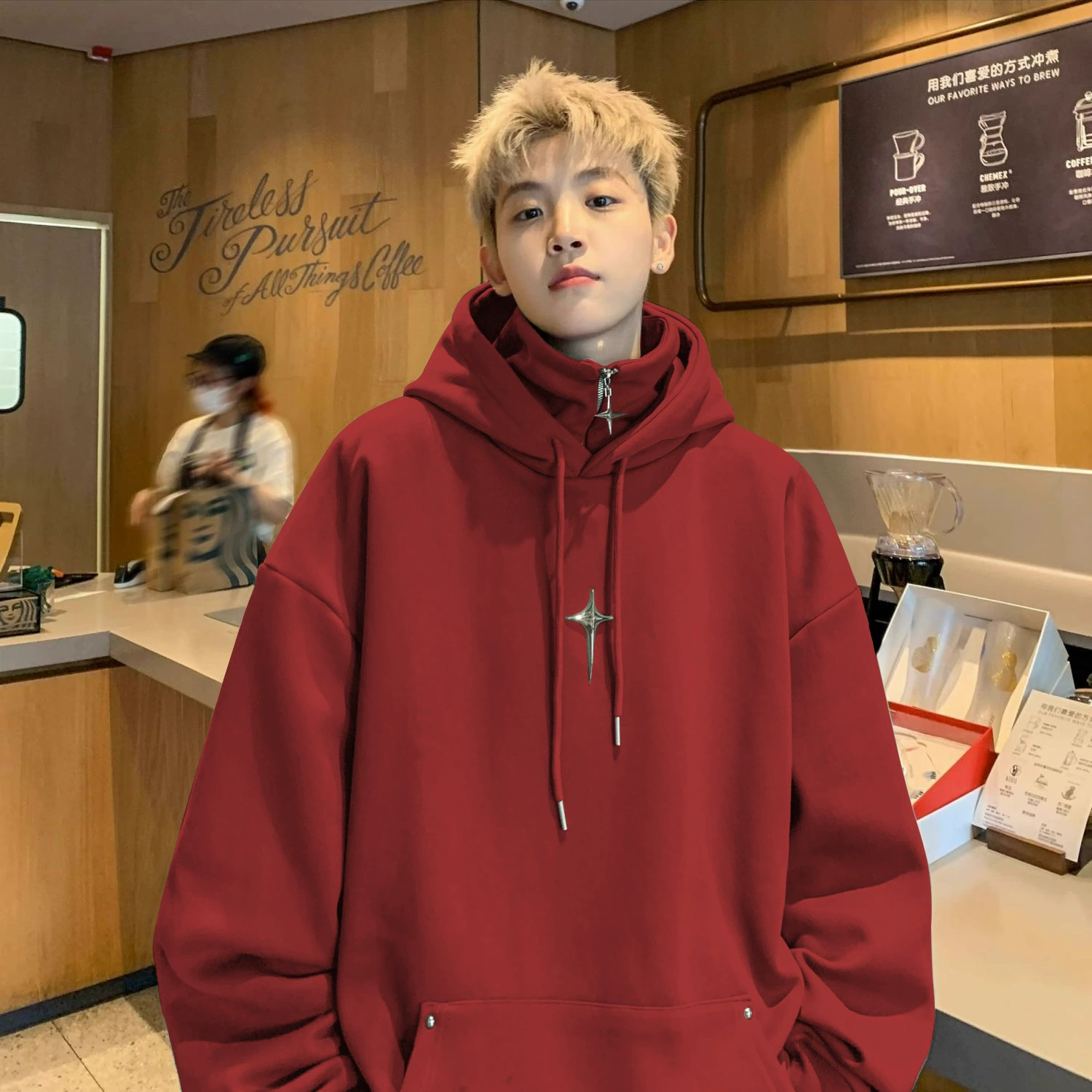 Красный поддельный двухслойный капюшон с бархатной свитер для мужчин и женщин осенью и зимой