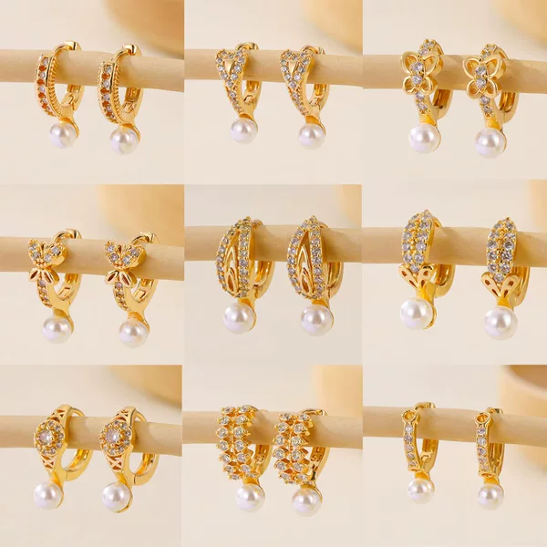 New Copper Gold-Plated Pearl Zircon Earrings Jewelry for Women, Fashionable Multi-Style Earrings with Zircon Inlays