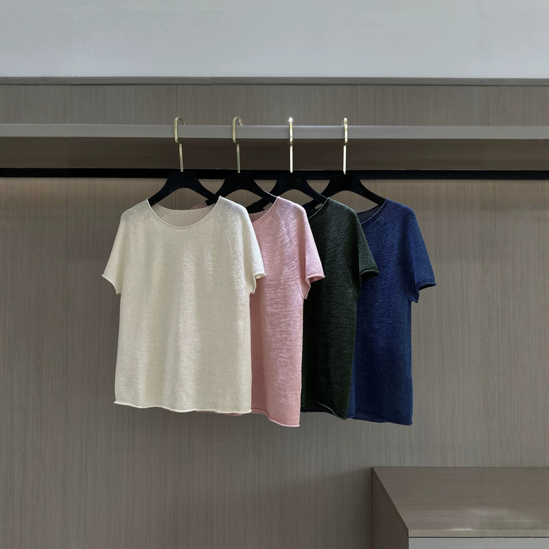 High-quality Japanese imported linen and washi yarn round-neck knitted short-sleeve T-shirt