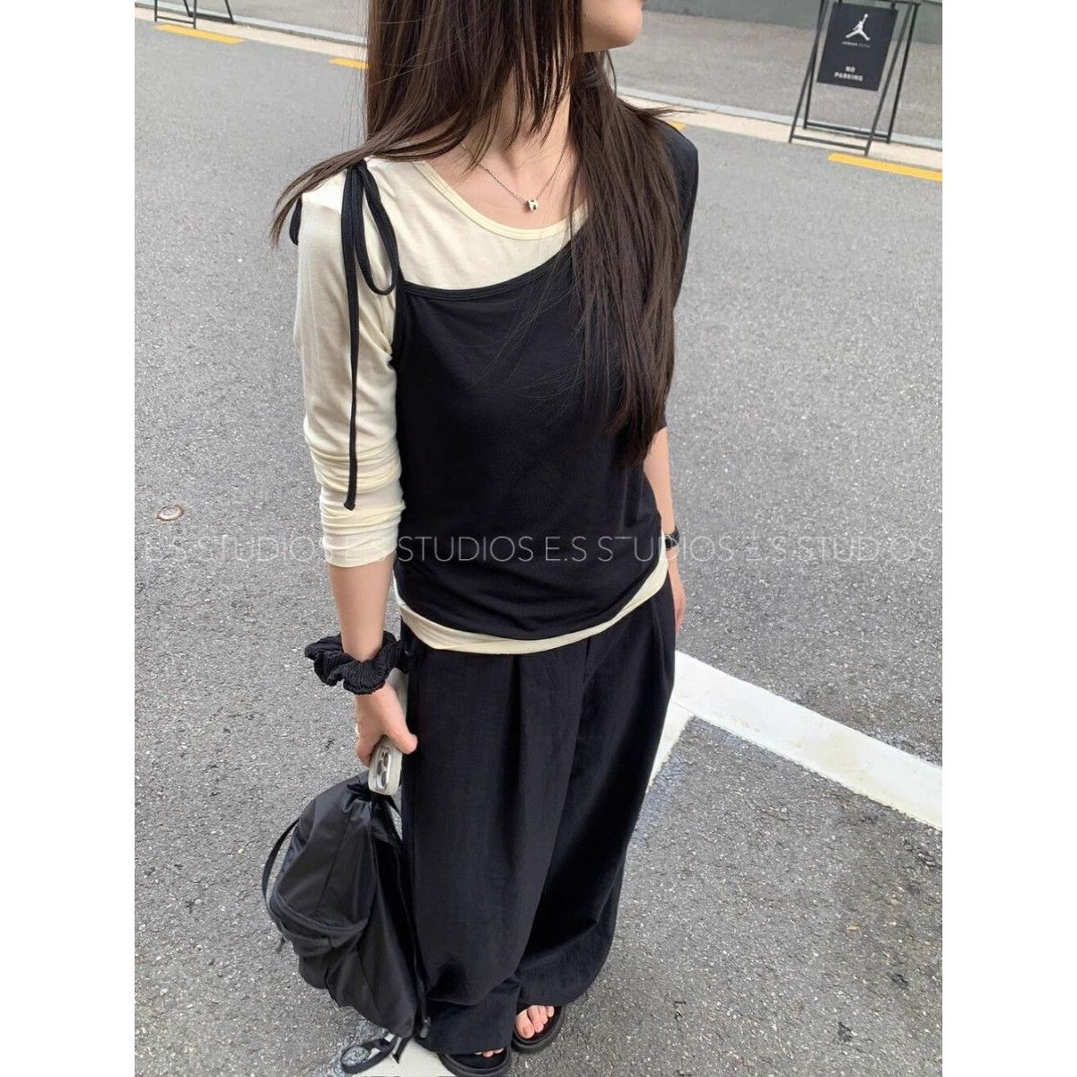 不规则露肩简约撞色系带两件套长袖T恤女春宽松显瘦百搭休闲上衣