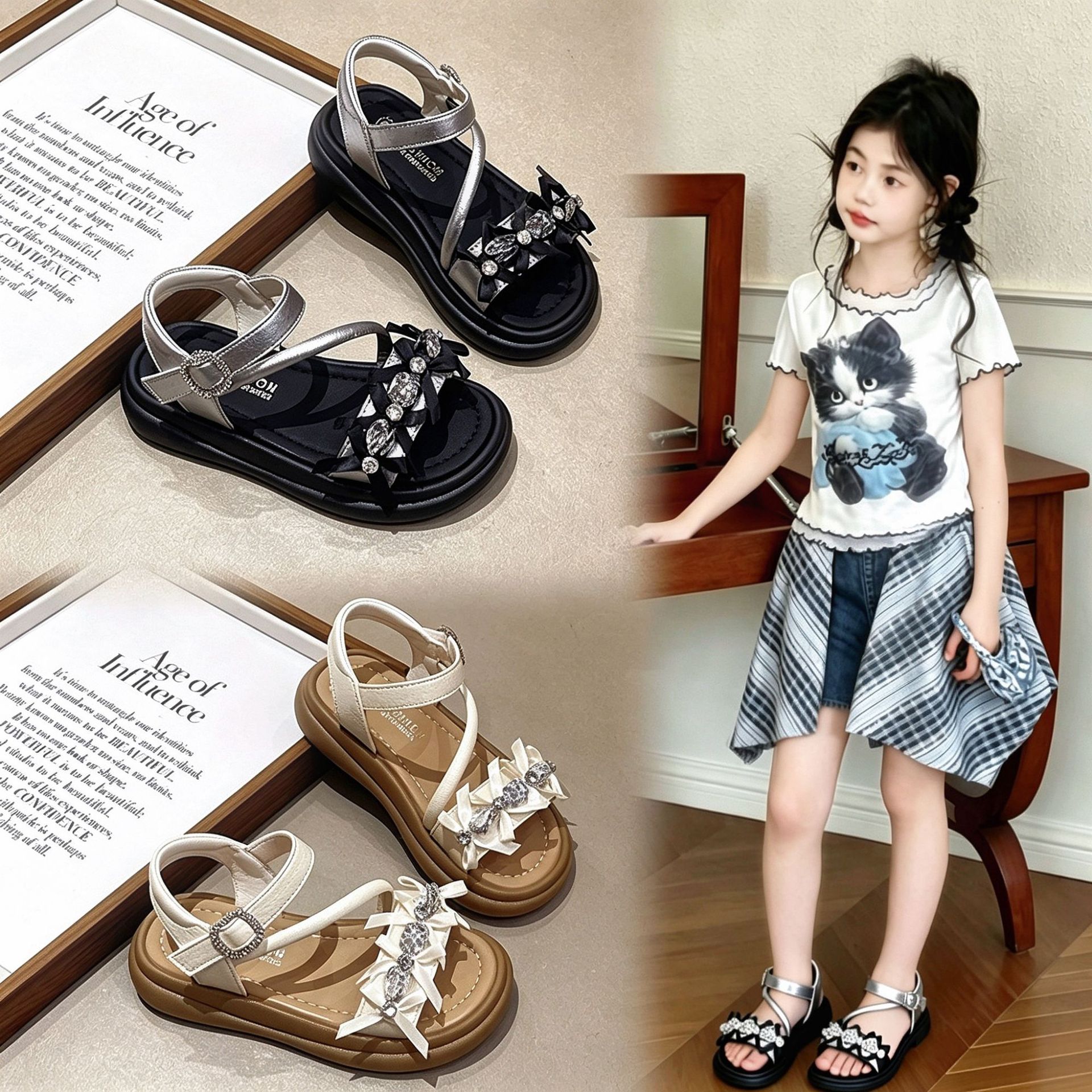 Zapatos de moda para niñas de diamante de mariposa princesa verano 2026 nuevos zapatos de moda para niños versátiles Lefour sandalias de perlas