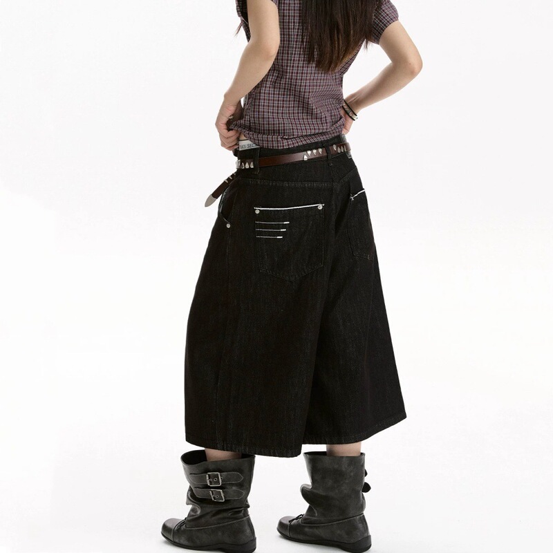 American Retro Denim Black Design Denim Cropped Pants Summer New Style Simple Loose Wide-Leg Shorts for Men and Women