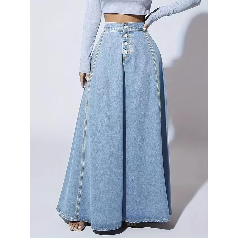Elegant Washed Denim Skirt High Rise Button Fly A line Maxi|undefined