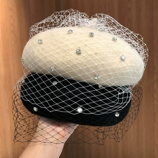 黑色网纱羊毛贝雷帽女秋冬冬季韩版水钻蓓蕾帽英伦复古画家帽子女