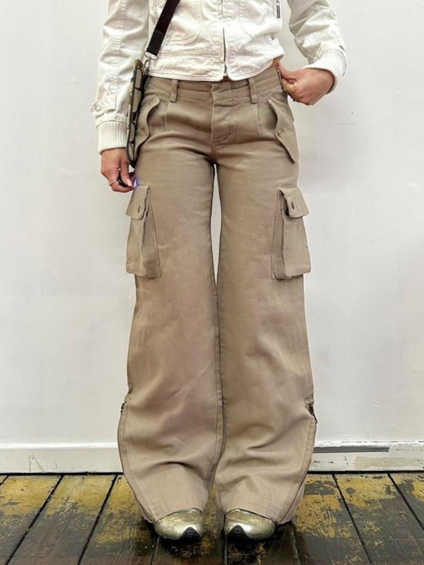 美式街头风多口袋浅色拉链降落伞长裤跨境美拉德低腰工装牛仔裤|undefined