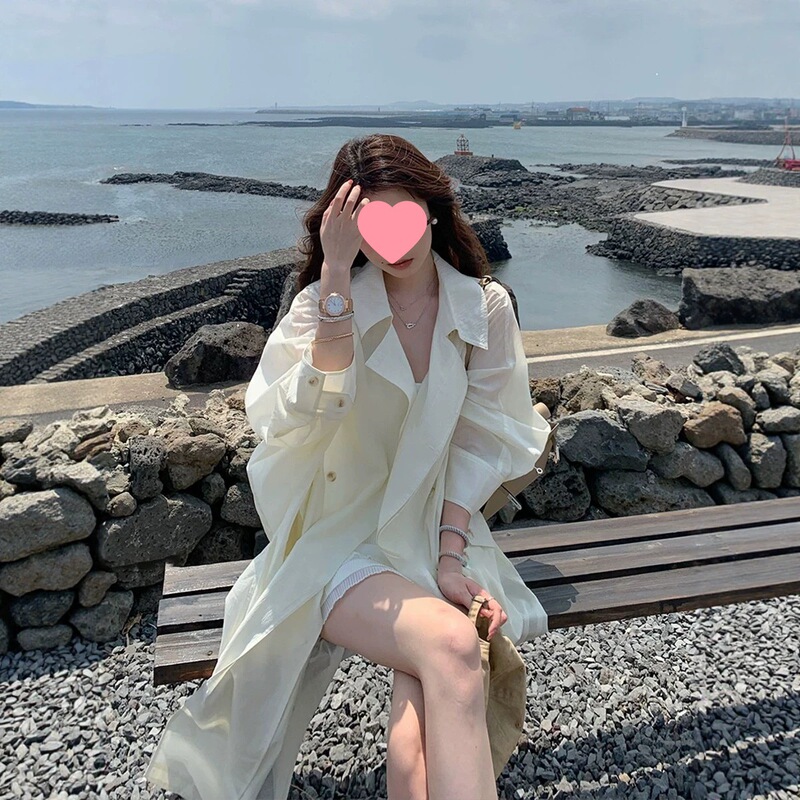 White Tencel Mid-Length Sun-Protective Trench Coat for Women, 2026 New Style, Double-Breasted Oversized Ice-Feel Cardigan, Thin Loose Jacket