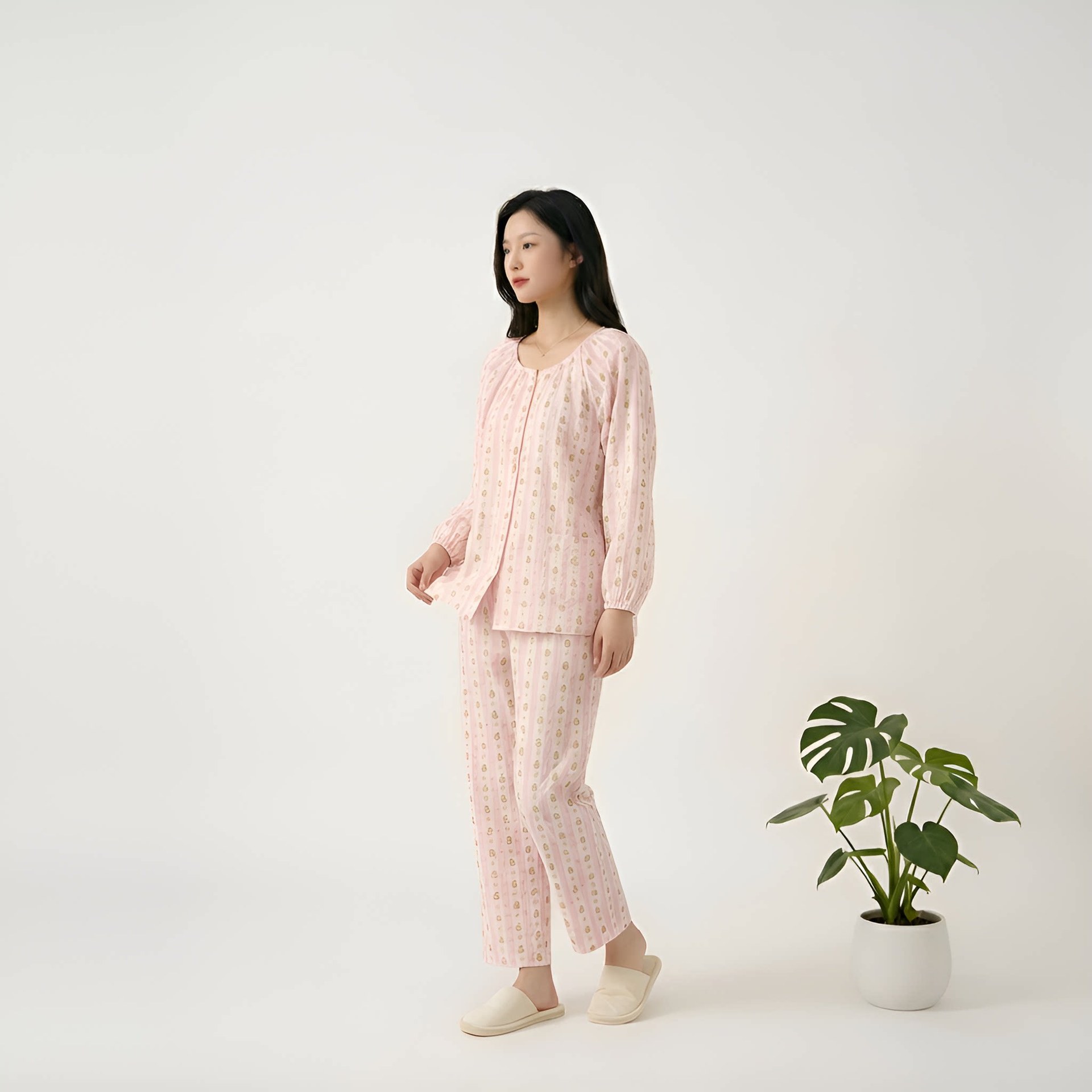 신상 캐릭터 세로 줄무늬 곰돌이 순면 이중 거즈 산후복 봄 가을 임신 후 수