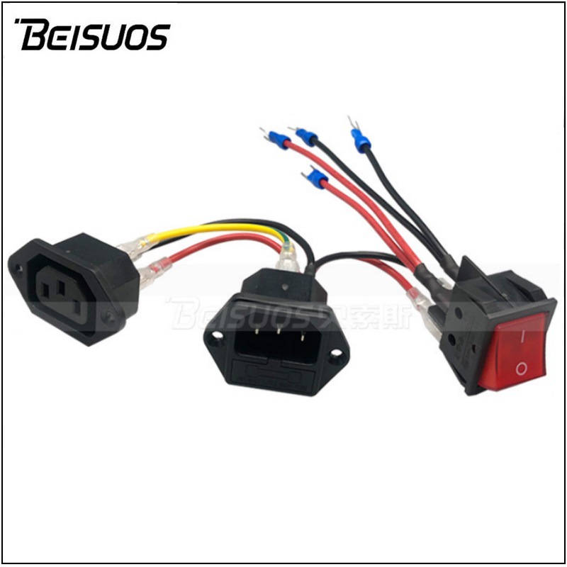 一出二电源品字插座二合一带保险丝C13/C14船型开关带线插座组合