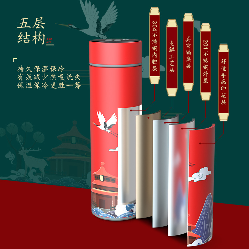2021新款国潮风保温杯智能数显保温瓶山水国画风不锈钢拉丝热水杯