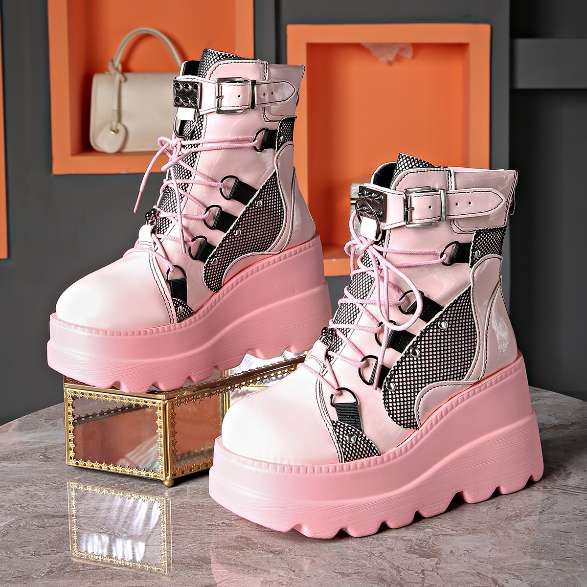 Women's Shoes wedge heel Martin boots women 2024 new pink thick sole large size fashion short boots women dark rivets_voghion.com