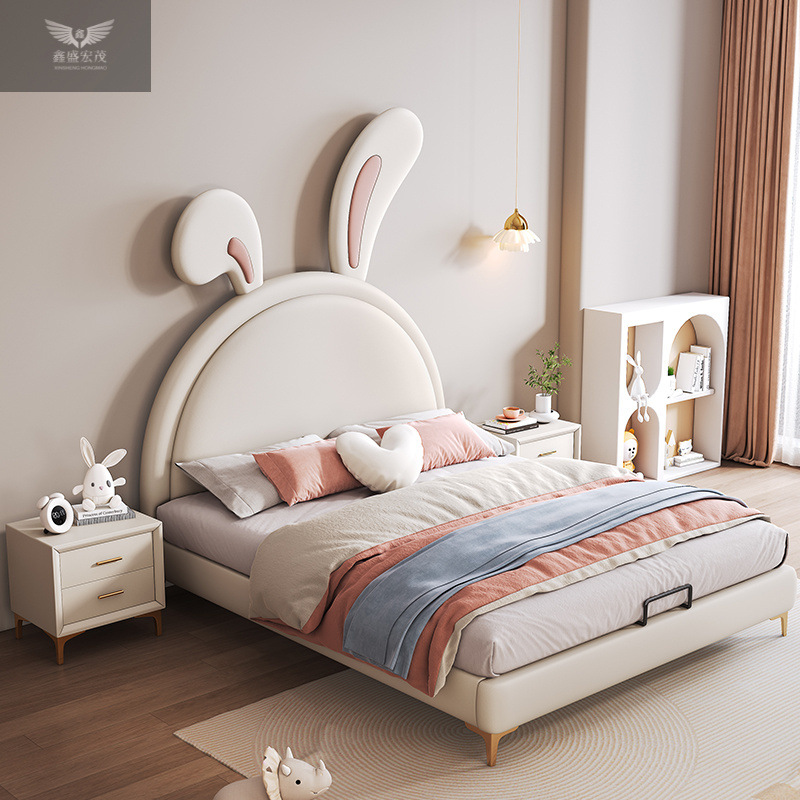 Cama de cuero de conejo de dibujos animados moderna y ligera Cama de niños Cama de princesa Cama de 1.2m Cama de almacenamiento