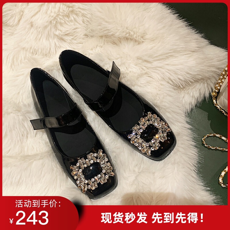 2021 New French square head drill buckle Mary Jane shoes female sweet black shiny leather leather patent leather shoes