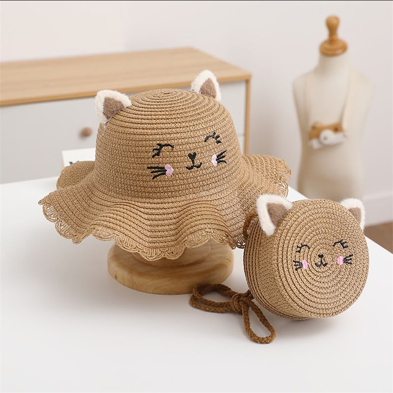 Cat embroidered wavy edge straw hat-khaki
