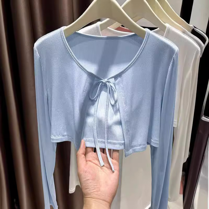 蓝色绑带莫代尔披肩外搭吊带裙开衫薄款女夏季防晒短款小罩衫外套