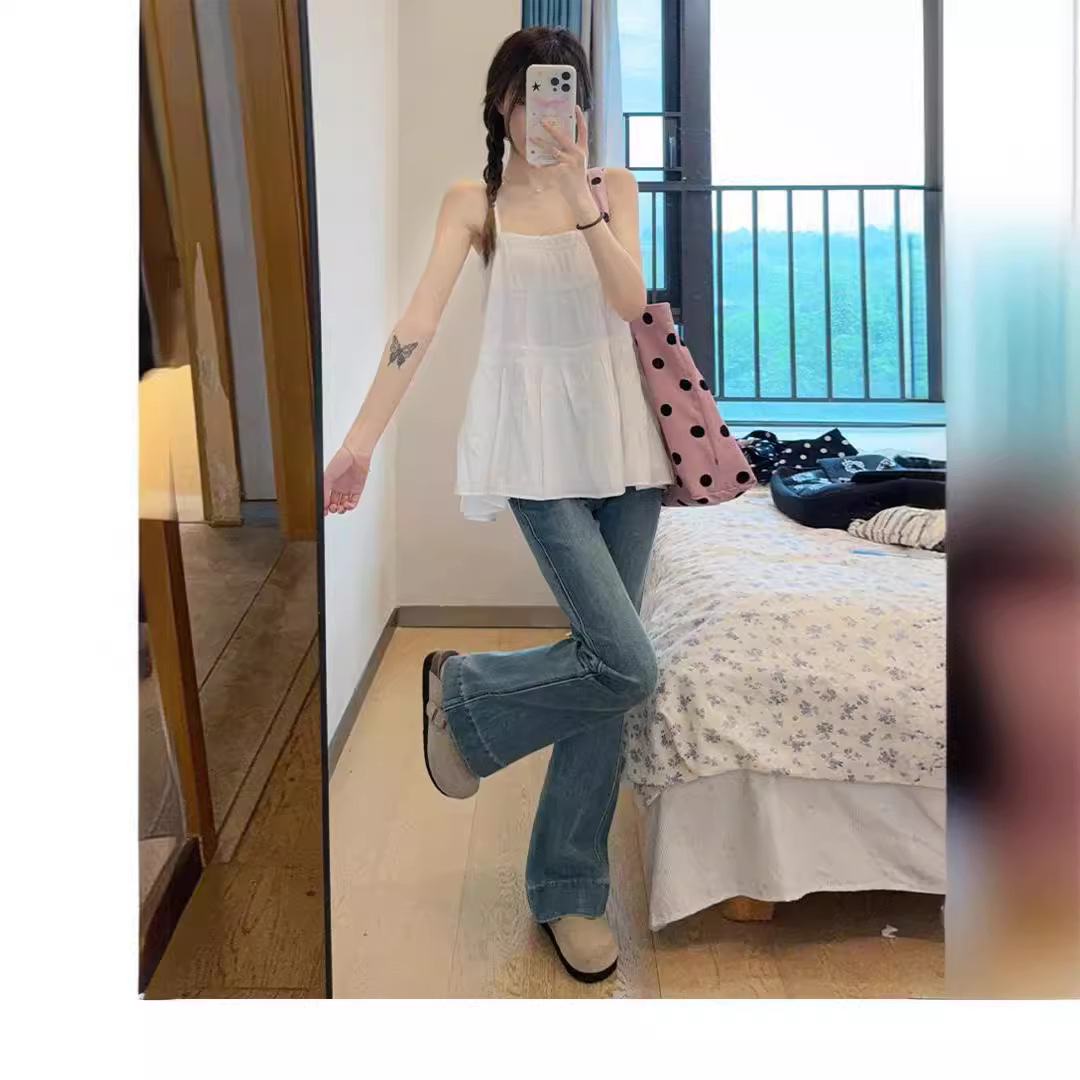 세탁 블루 높은 허리 캐주얼 바지 패션 올 매치 마이크로 핏 느슨한 청바지 스트레이트 레그 와이드 레그 팬츠 7050