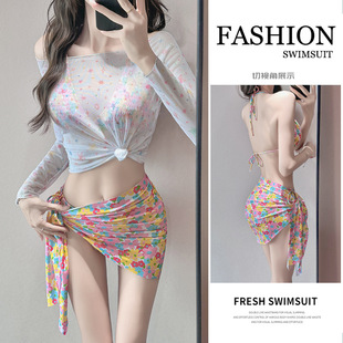 Swimsuit Women's Bikini Long-Sleeved Cover-Up Sun Protection Four-Piece Set Small Floral Pure Desire Conservative Seaside Vacation Hot Girl Hot Spring
