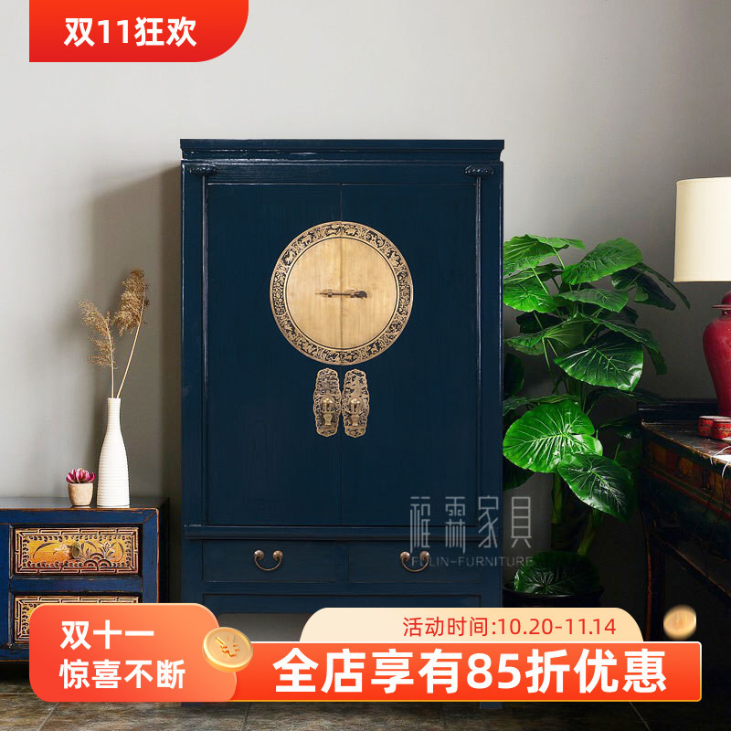 中式榆木立式大衣柜仿具高柜实木复古做旧衣柜美式储物柜卧室