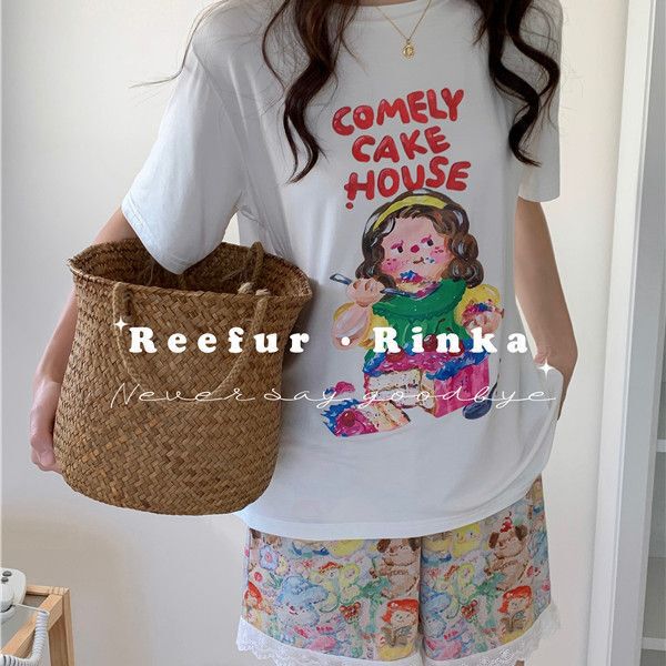 Reefur Rinka Pear Flower Home Summer Pajamas Round Neck Pullover Cake Doll Printed Loose Short Sleeve Home Clothes