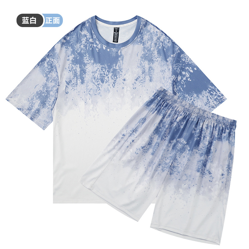 Transfronterizo americano tie-dying casual set hombre verano suelto hielo camiseta de cuello redondo de manga corta rápida secado pantalones cortos deportivos de moda