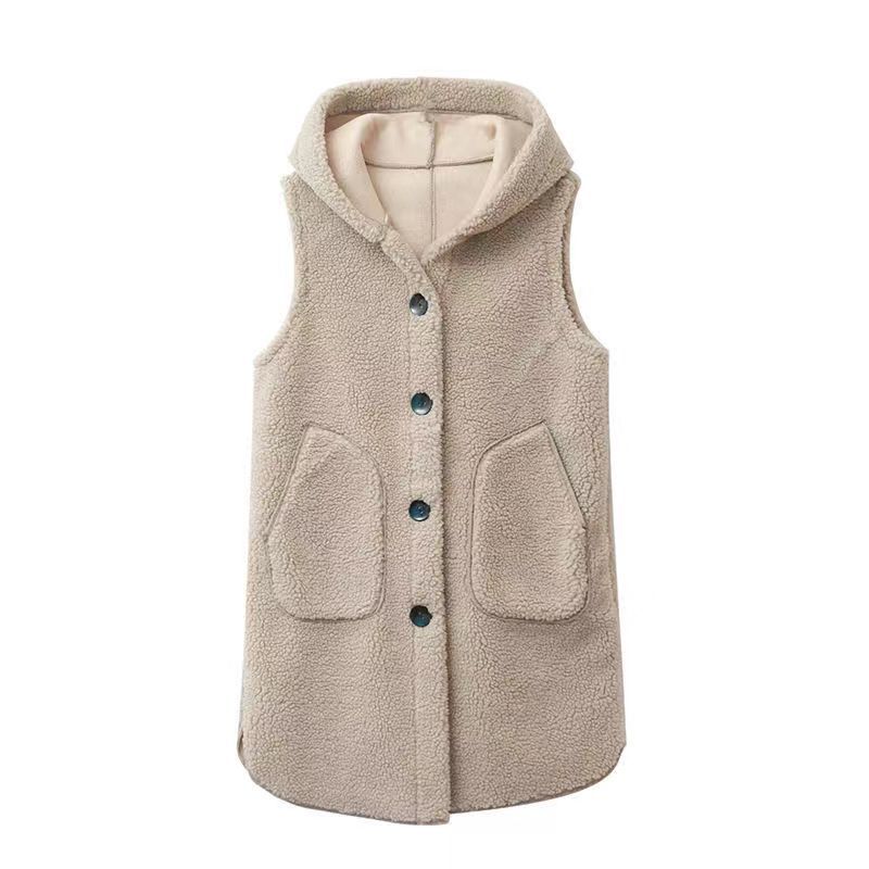 Chaleco transfronterizo ropa exterior del todo fósforo de las mujeres 2023 abrigo de invierno de piel de terciopelo de cordero sintética integrado chaleco con capucha de longitud media