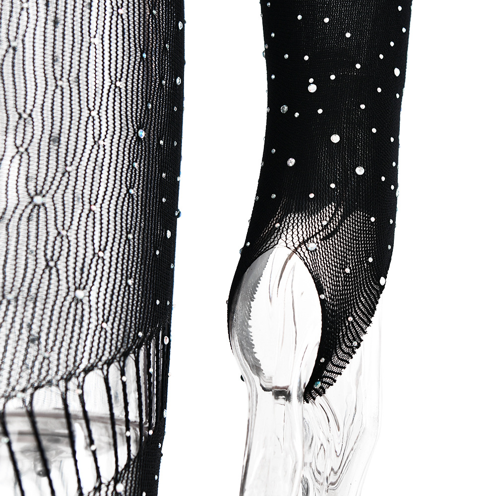 Women Sexy Rhinestone See through Hollow Out Cutout Backless Jumpsuit Long Sleeve Slim Fit Jumpsuit Summer
