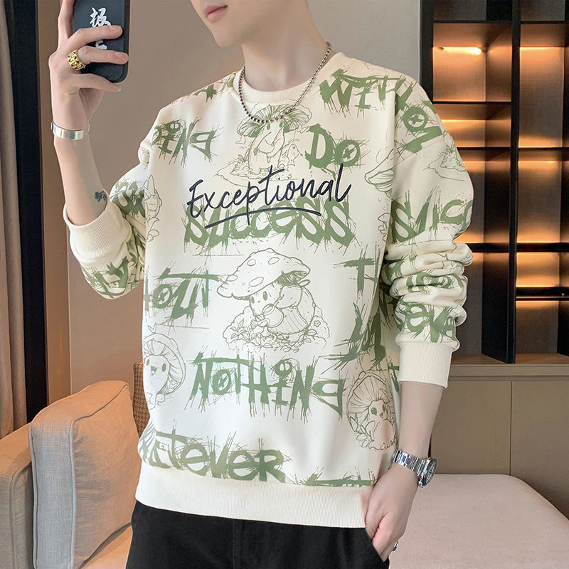 美式印花卫衣外套男士春秋季新款圆领上衣休闲宽松青少年打底体恤