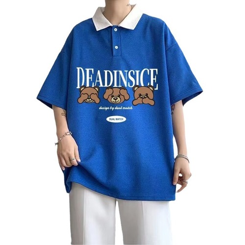 2024 Summer New Men's Waffle-Polo Short-Sleeve T-Shirt in Klein Blue—Trendy Brand, Loose-Fit, Hong Kong-Style T-Shirt