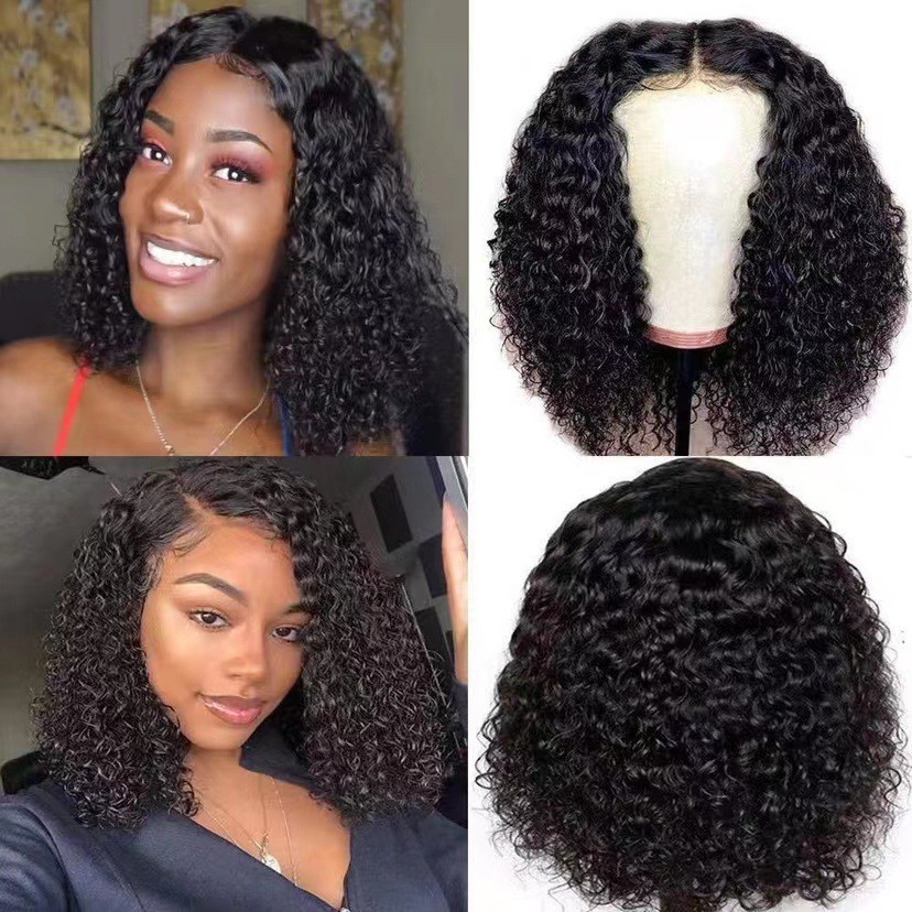 Peluca transfronteriza peluca moda de las mujeres europeas y americanas negro medio corto Pelo Rizado mano envuelto pequeño volumen fabricante en stock Wi