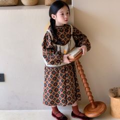 Children's Dress 2024 Autumn Style Baby Girl Korean Retro Flower Dress Children's Loose Fungus-edged Long Skirt with Minimum Cover