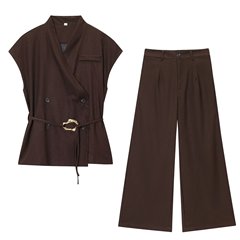 Z欧美女装跨境夏季无袖时尚马甲金色装饰上衣高腰直筒长裤套装女