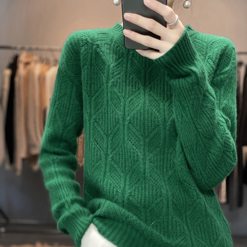 Explosions Lazy Pure Wool Sweater Women's Crewneck Turtleneck Sequins Hollow Pattern Sweater Loose Casual Age-Reducing Knitted Sweater