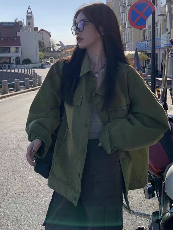 高级感POLO领绿色长袖牛仔外套女春秋冬大码美式复古宽松夹克开衫|undefined