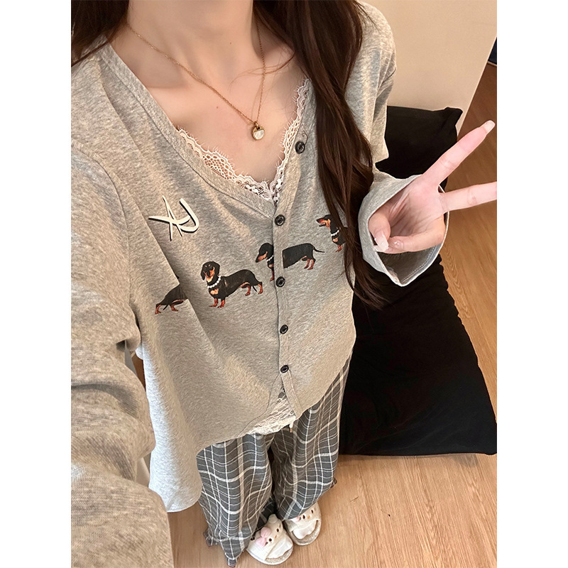 可爱小狗印花蕾丝花边睡衣女春秋季新款长袖长裤家居服套装可外穿|undefined