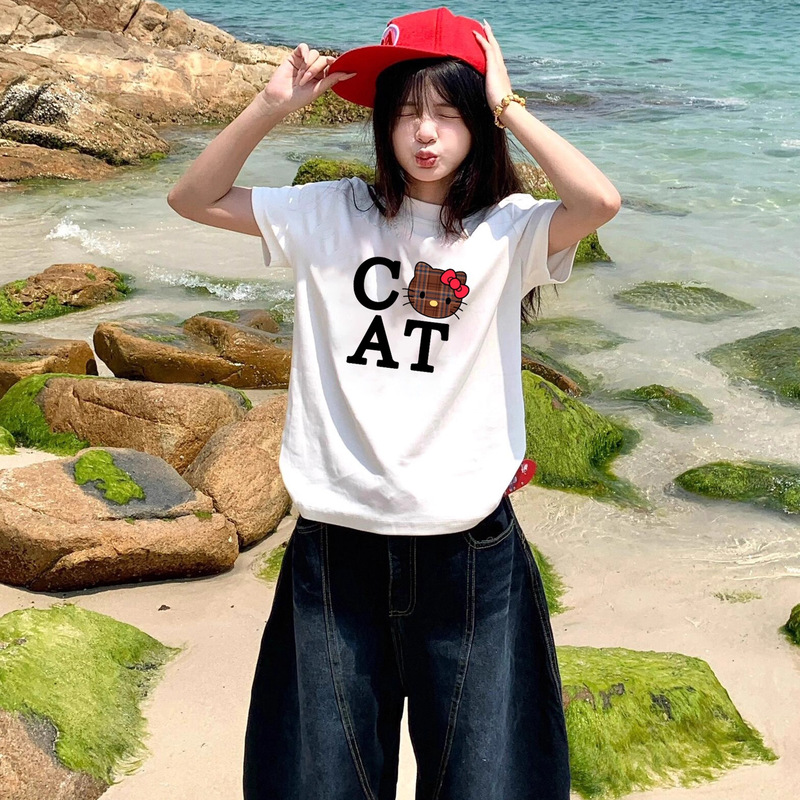 White Short-Sleeved T-Shirt for Women, Summer Preppy Style, Sweet and Cute, Versatile Girls mm Fashion Sports Style Loose Top