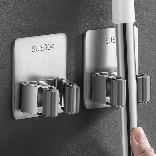 304 Stainless Steel Push-in Wall-mounted Mop Holder without Screws or Drilling, Bathroom Cleaning Tool Organizer