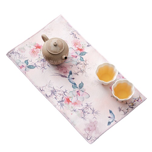 Faux Suede Vintage Style Absorbent Tea Towel Mat Fabric Thick Chinese Style Tea Cloth Tea Cup Mat Painted Chinese Traditional Painting Towel