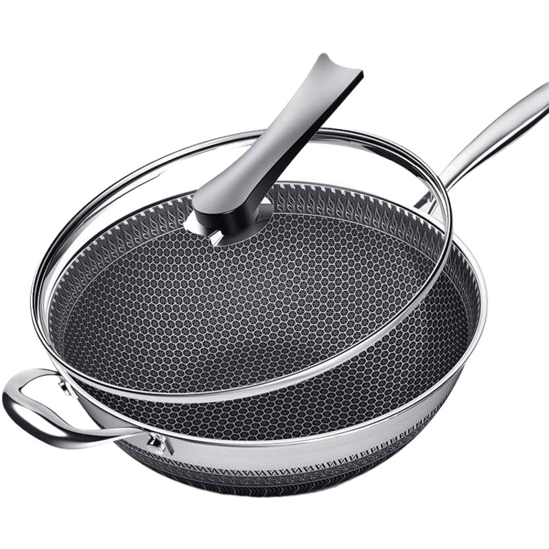 316 Wok de acero inoxidable, sartén de panal de doble cara, sartén antiadherente, sartén doméstica, sartén de inducción cóncava, sartén antiadherente