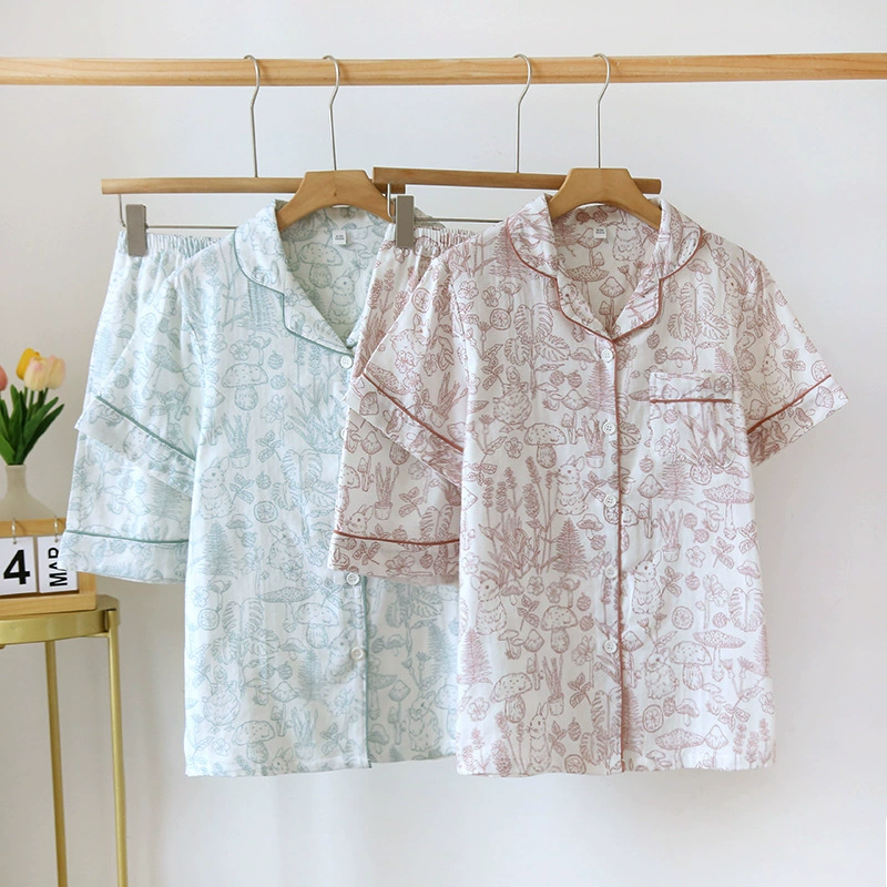 Летние женские хлопковые шорты с короткими рукавами, домашняя одежда, пижама с тонкими марлевыми лацканами, костюм с пряжкой, свободный хлопок