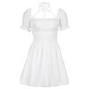 Colored white skirt, fitted brace, mini-skirt, dress, square neckline, backless, A-line