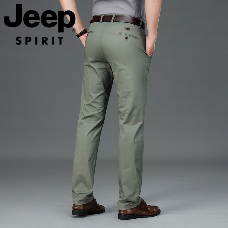 Pantalones casuales de los hombres delgados de primavera y verano de color sólido micro elástico de mediados de cintura de algodón verde de mediana edad pantalones de negocios de moda J066