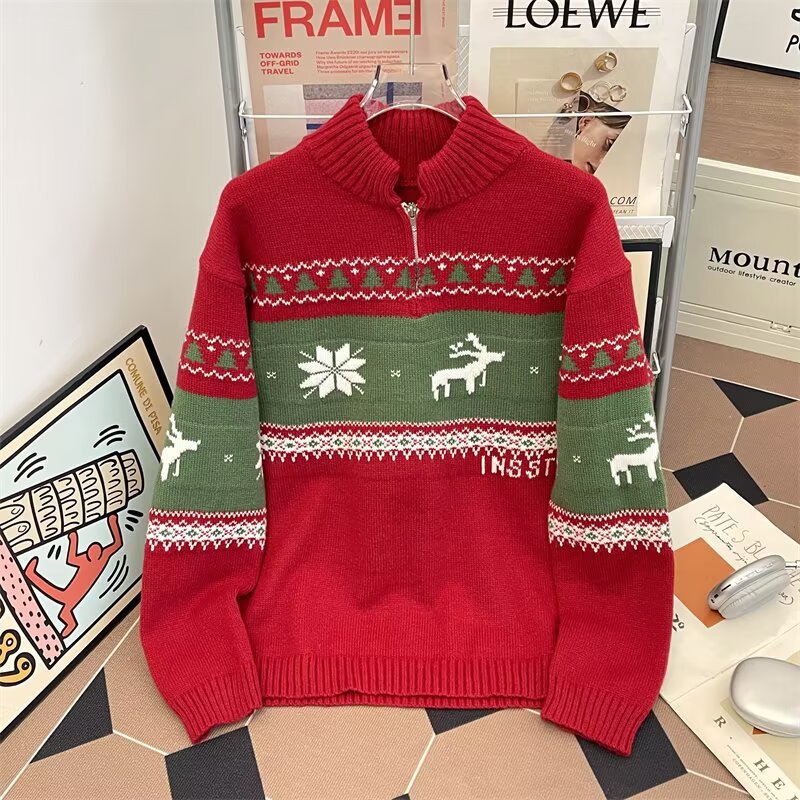 Jacquard de Navidad suelta camiseta de punto casual hombre otoño invierno relajado pareja de viento polo suéter de cuello de moda mujer